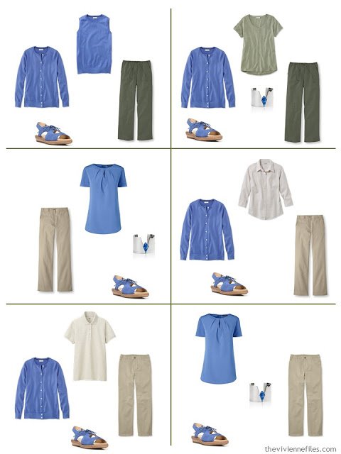 six outfits in khaki tan, olive green and French Blue for spring and summer