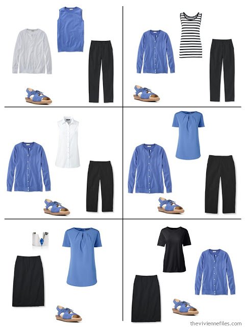 six outfits in black, white and French Blue for warm weather