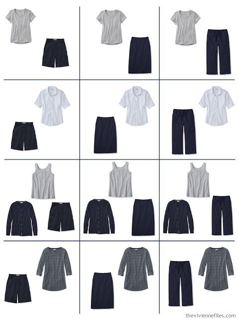 a dozen outfits built from 9 Neutral Building Blocks in navy, grey and white