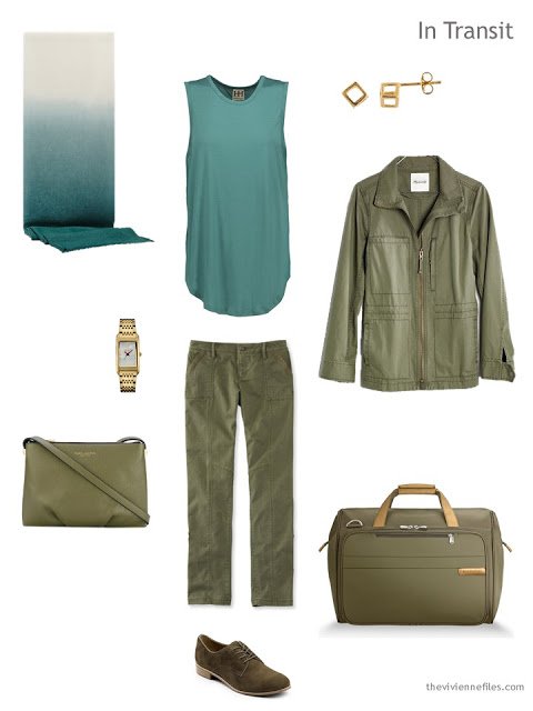 travel outfit in teal and olive green