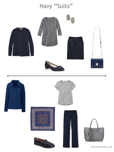 two capsule wardrobe outfits in navy and grey