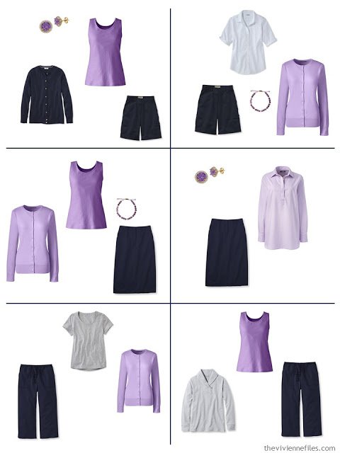 six navy outfits using lavender as an accent