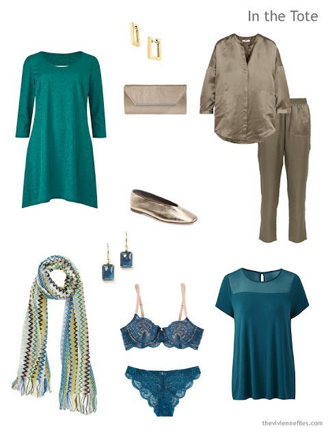 an overnight Travel Capsule Wardrobe in olive and teal