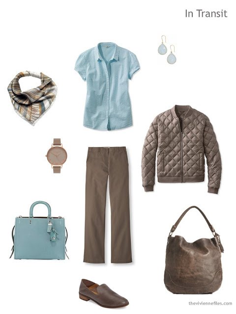 travel outfit in cool brown and aqua