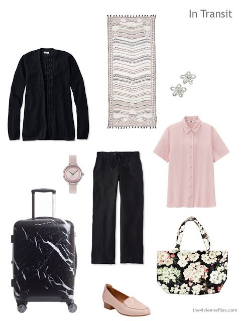 warm weather travel outfit in black and pink