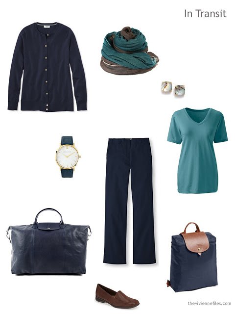 a brown and teal travel outfit