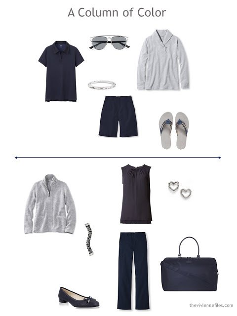 two capsule wardrobe outfits in navy and grey