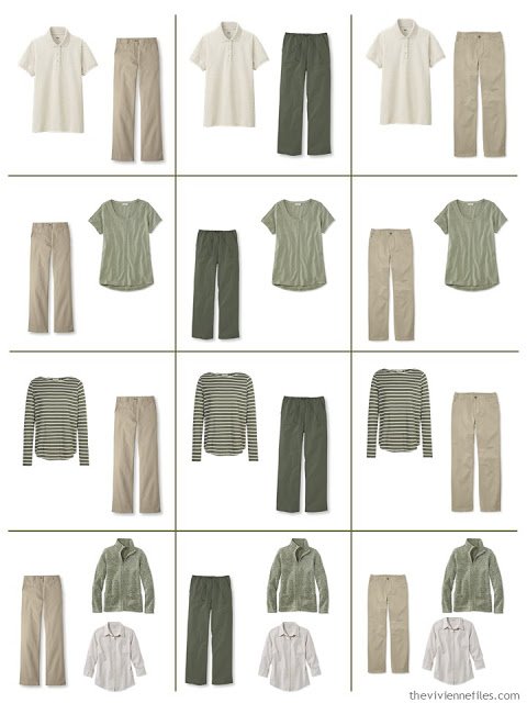 a dozen outfits built from 9 Neutral Building Blocks in beige and olive green