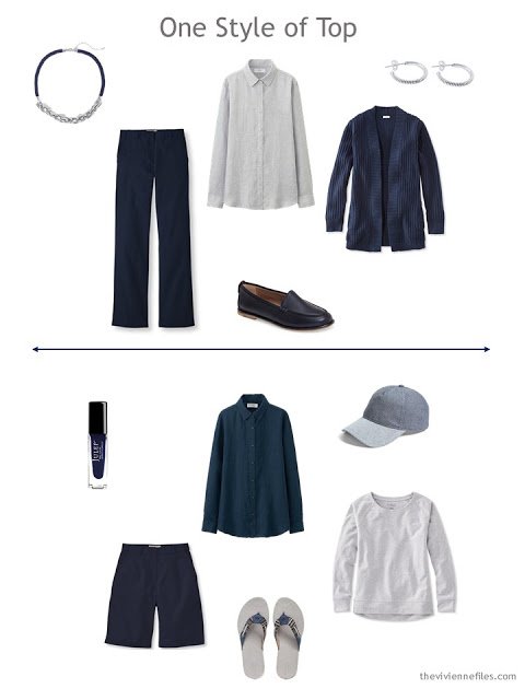 two capsule wardrobe outfits in navy and grey