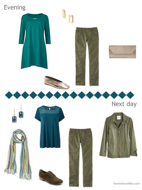 two outfits from a travel capsule wardrobe in olive and teal