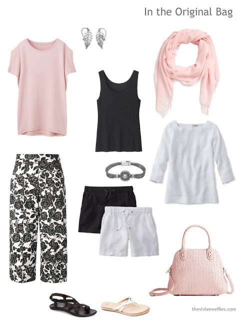 a casual Six-Pack travel wardrobe in black, white and pink