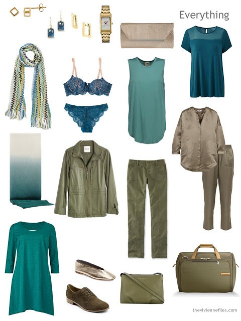 a travel capsule wardrobe in olive and teal