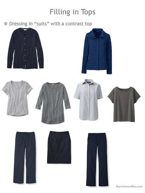 dressing in suit-like ensembles with a constrast top in Neutral Building Blocks of navy and grey