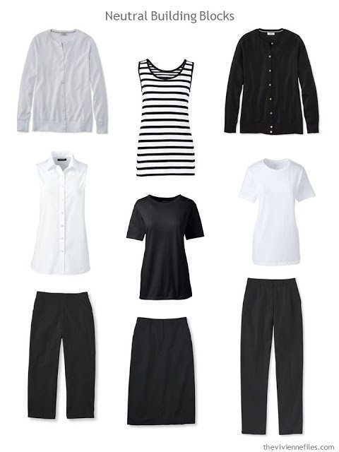 9 wardrobe Neutral Building Blocks in black and white for warmer weather