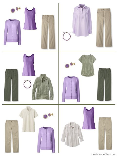 six suggestions for wearing lavender with beige or olive green