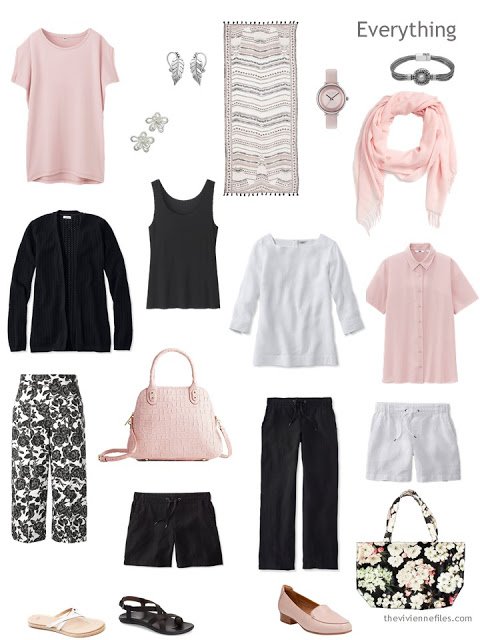 travel capsule wardrobe in pink, black and white for warm weather