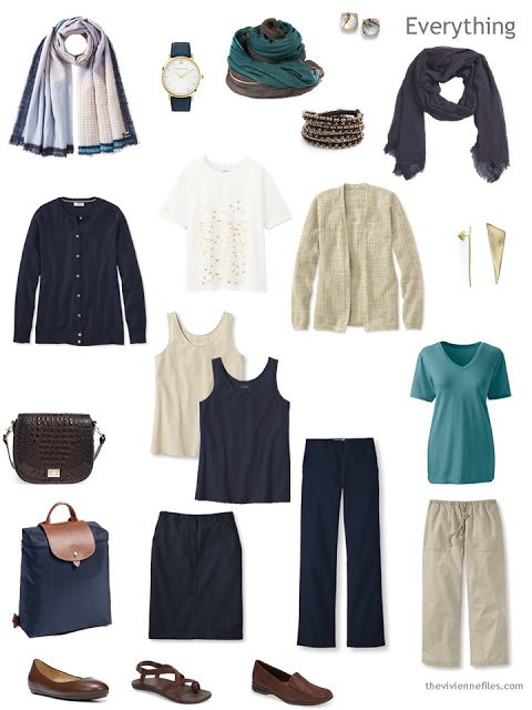 a warm-weather travel capsule wardrobe in navy and beige with accents of cream and teal, and brown leather accessories