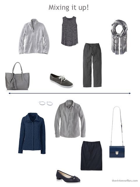 two capsule wardrobe outfits in navy and grey
