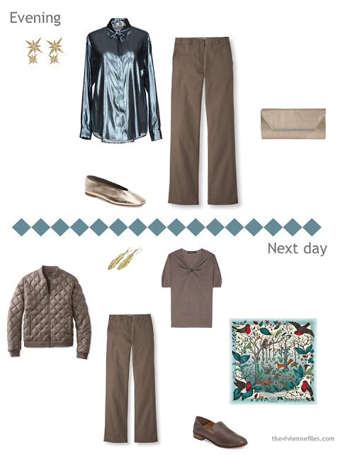 two outfits from a Tote Bag Travel capsule in cool brown, teal and aqua