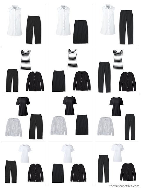 12 outfits composed from 9 wardrobe Neutral Building Blocks in black and white