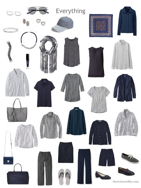 a changeable weather travel capsule wardrobe in navy and grey