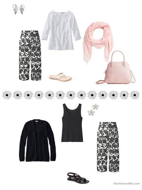 two warm-weather outfits including black and white floral pants