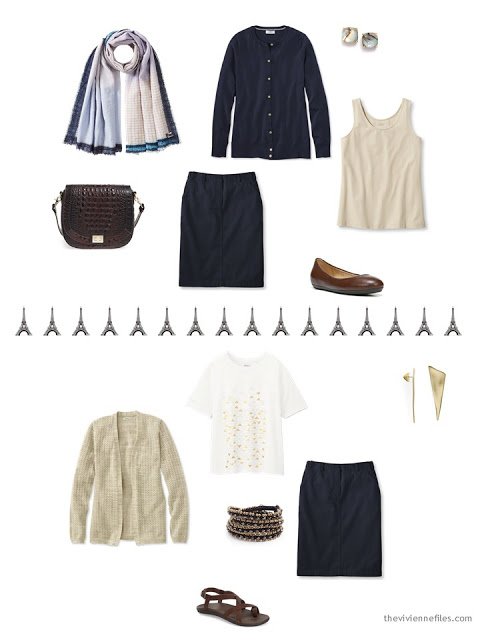 two ways to wear a navy skirt in warm weather, from a travel capsule wardrobe