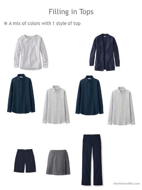 Building a set of Neutral Building Blocks in navy and grey with all the same style of shirt