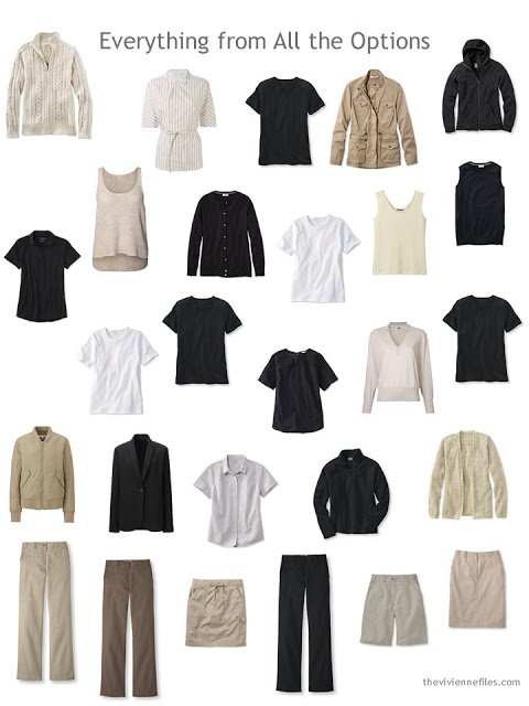 a large warm-weather wardrobe in black and beige