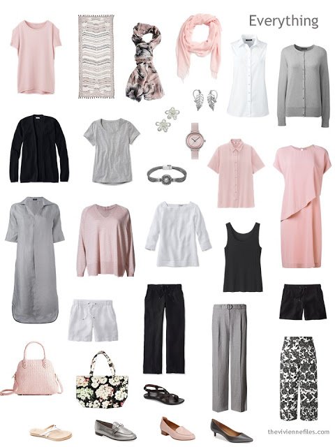 a Travel Capsule Wardrobe in black, white, grey and pink