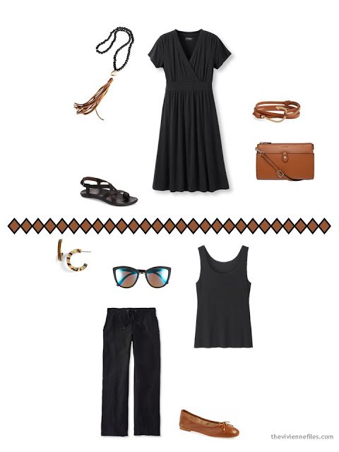 2 outfits from a 9-piece travel capsule wardrobe for warm weather in black, ivory and brown