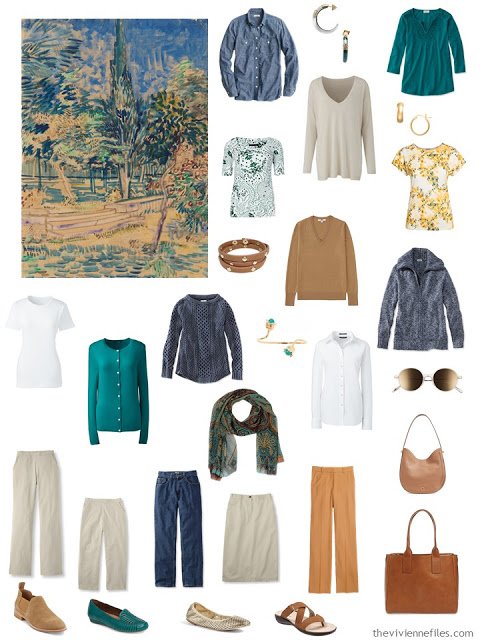 a 16 piece wardrobe in denim, khaki, caramel, and teal