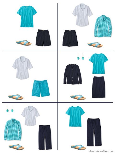 how to wear turquoise, or teal, or azure, with navy and white 