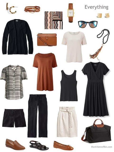 warm weather travel capsule wardrobe in black, ivory and brown