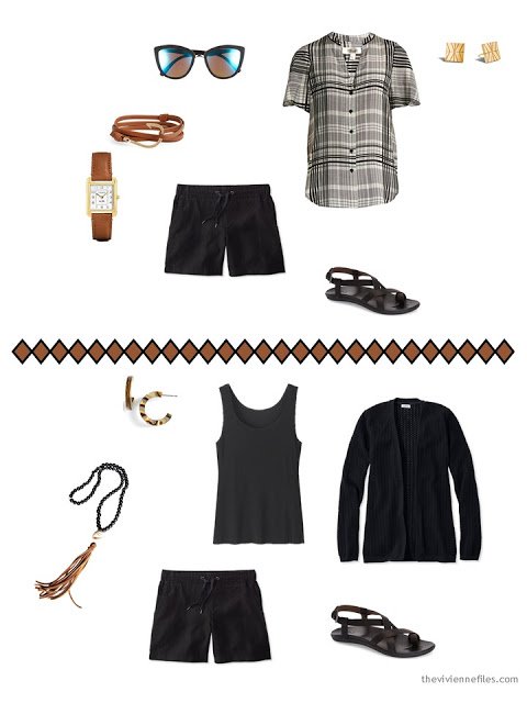 two ways to wear black shorts from a 9-piece travel capsule wardrobe for warm weather