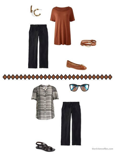 2 ways to wear black pants from a 9-piece warm weather travel capsule wardrobe in black, ivory and brown