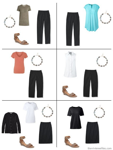 six outfits that mix black and white with warmer tones for warm weather