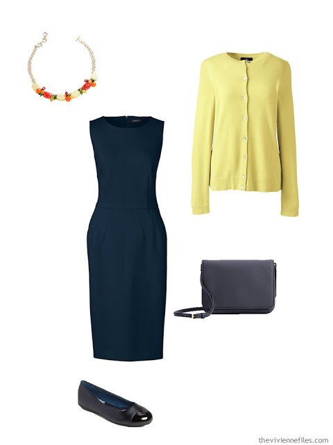 navy dress with yellow cardigan