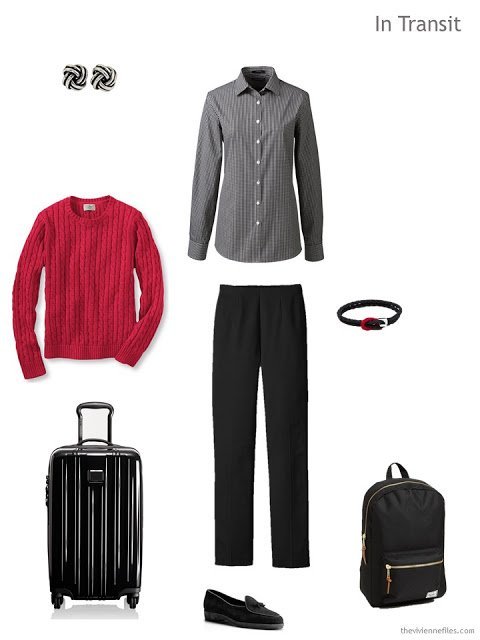 spring travel outfit in black, white and red