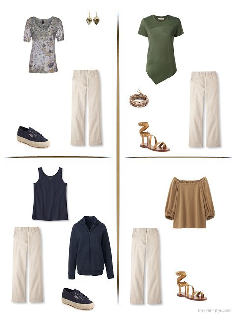 four ways to style a pair of beige pants from a travel capsule wardrobe