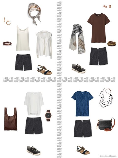 four ways to wear black shorts from a warm weather travel capsule wardrobe