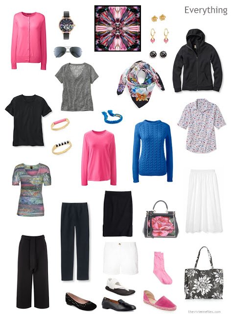 13-piece travel capsule wardrobe in black, white, hot pink and blue with full accessories