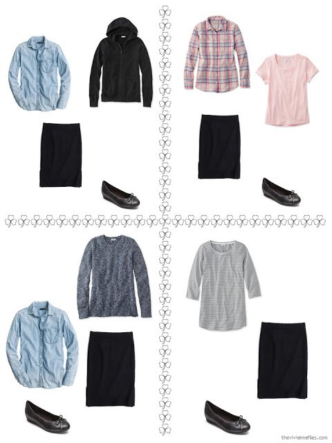 four ways to style a black ponte skirt from a travel capsule wardrobe