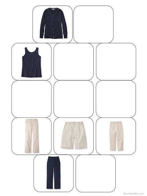 13-piece wardrobe template with six core garments in navy and beige