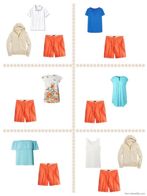 six ways to style orange shorts from a travel capsule wardrobe