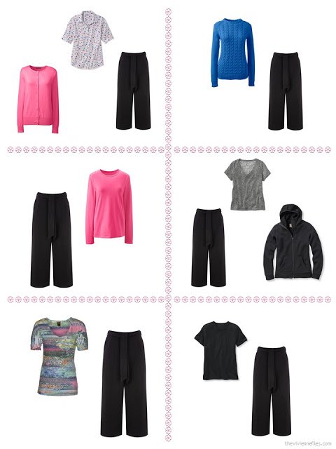 Six ways to style a pair of black cropped pants from a "Whatever's Clean" wardrobe