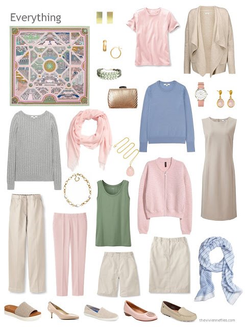 an 11-piece capsule wardrobe in beige, pink and pastels