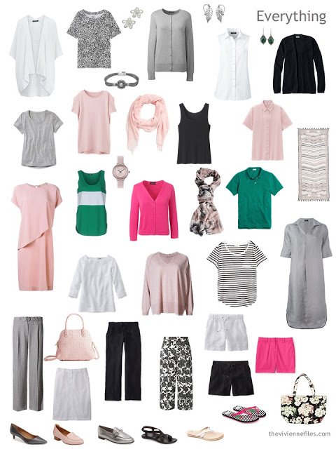 a 24-piece summer capsule wardrobe in black, white, grey, pink and green