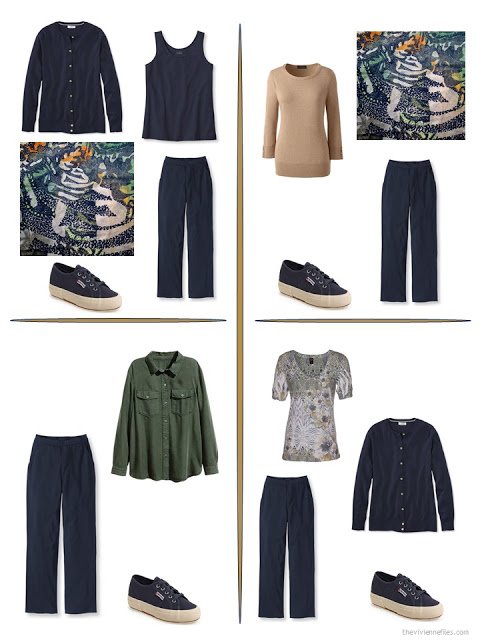 four ways to style a pair of navy pants in a travel capsule wardrobe
