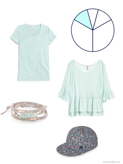 Accent pieces in mint green or aqua - two tops, a bracelet and a baseball cap.